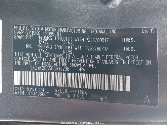 Photo 8 VIN: 5TDYK3DC5FS616236 - TOYOTA SIENNA 