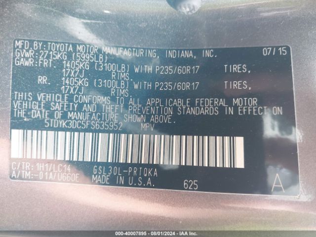 Photo 8 VIN: 5TDYK3DC5FS635952 - TOYOTA SIENNA 