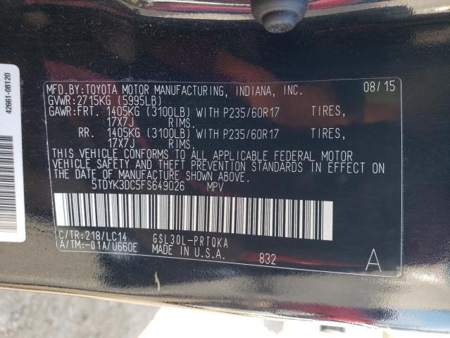 Photo 9 VIN: 5TDYK3DC5FS649026 - TOYOTA SIENNA XLE 