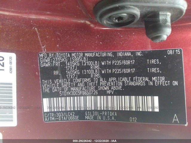 Photo 8 VIN: 5TDYK3DC5FS650726 - TOYOTA SIENNA 