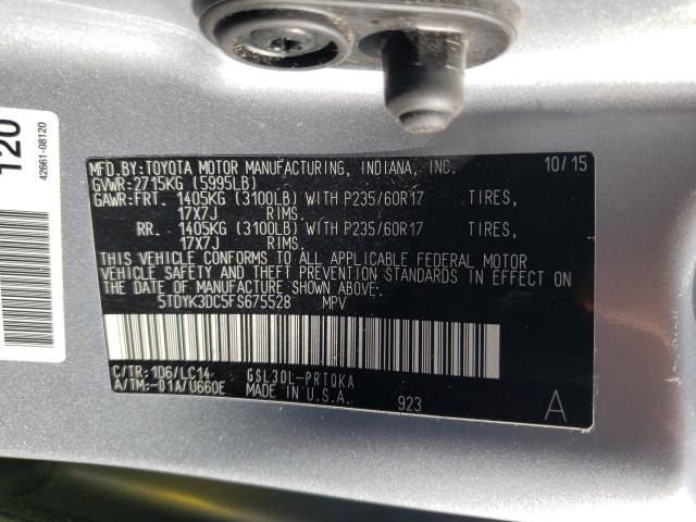 Photo 9 VIN: 5TDYK3DC5FS675528 - TOYOTA SIENNA XLE 