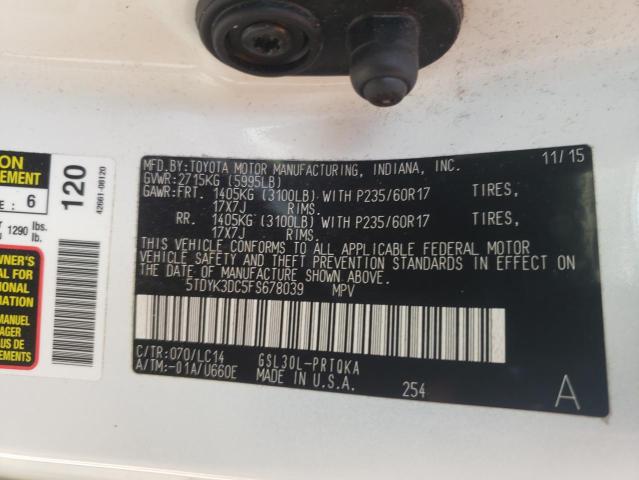 Photo 9 VIN: 5TDYK3DC5FS678039 - TOYOTA SIENNA XLE 