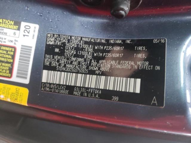 Photo 9 VIN: 5TDYK3DC5GS750925 - TOYOTA SIENNA XLE 