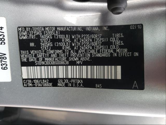 Photo 9 VIN: 5TDYK3DC6BS008638 - TOYOTA SIENNA XLE 