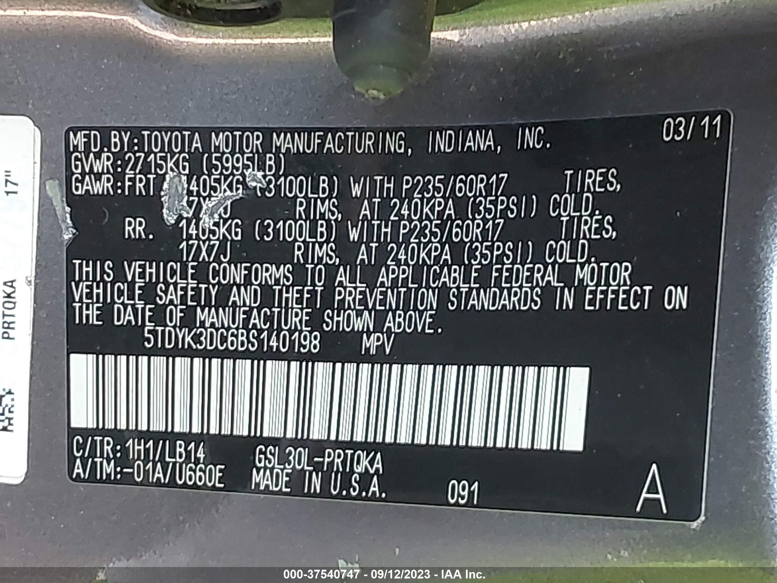 Photo 8 VIN: 5TDYK3DC6BS140198 - TOYOTA SIENNA 