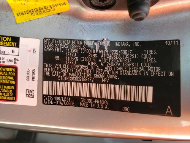 Photo 9 VIN: 5TDYK3DC6CS188172 - TOYOTA SIENNA XLE 