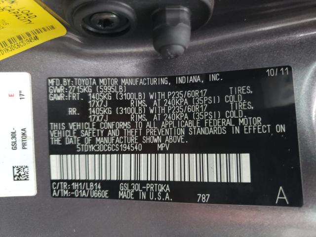 Photo 9 VIN: 5TDYK3DC6CS194540 - TOYOTA SIENNA XLE 