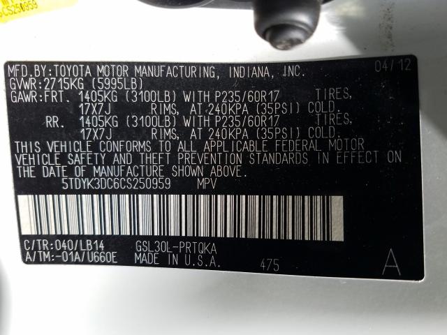 Photo 9 VIN: 5TDYK3DC6CS250959 - TOYOTA SIENNA XLE 