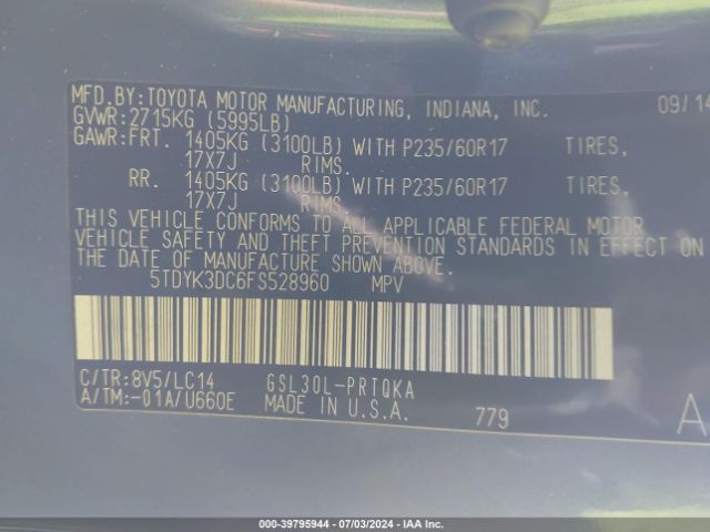 Photo 8 VIN: 5TDYK3DC6FS528960 - TOYOTA SIENNA 