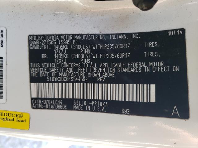 Photo 9 VIN: 5TDYK3DC6FS544592 - TOYOTA SIENNA XLE 