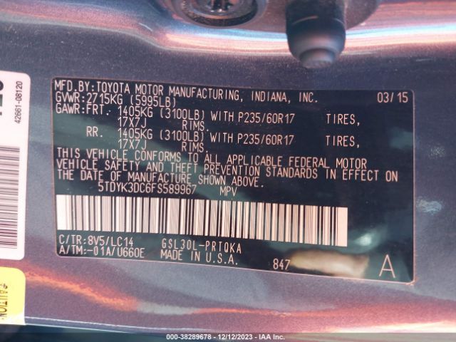 Photo 8 VIN: 5TDYK3DC6FS589967 - TOYOTA SIENNA 