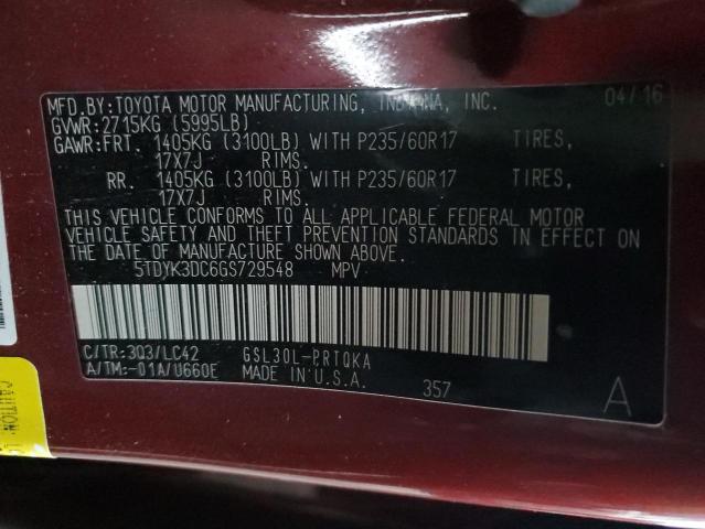 Photo 12 VIN: 5TDYK3DC6GS729548 - TOYOTA SIENNA XLE 