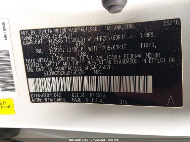 Photo 8 VIN: 5TDYK3DC6GS750528 - TOYOTA SIENNA 