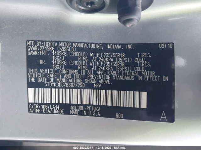 Photo 8 VIN: 5TDYK3DC7BS077290 - TOYOTA SIENNA 