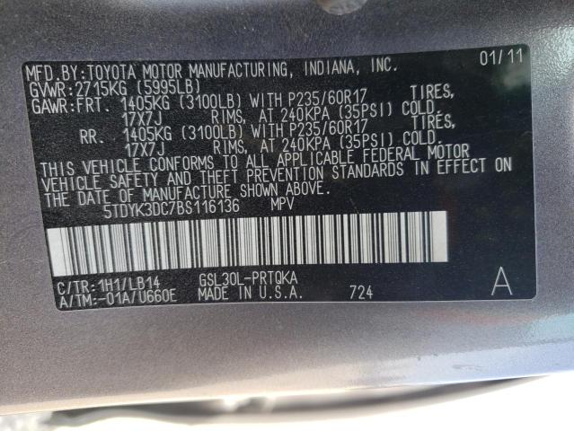 Photo 12 VIN: 5TDYK3DC7BS116136 - TOYOTA SIENNA XLE 