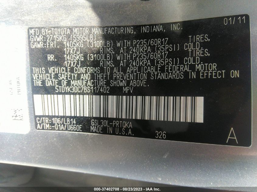 Photo 8 VIN: 5TDYK3DC7BS117402 - TOYOTA SIENNA 