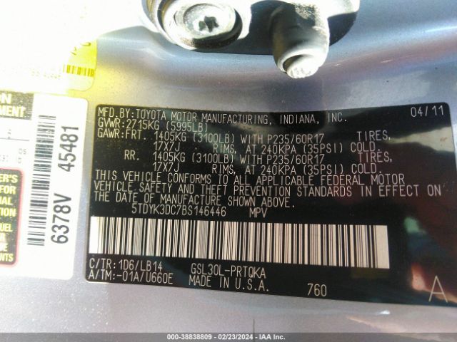 Photo 8 VIN: 5TDYK3DC7BS146446 - TOYOTA SIENNA 