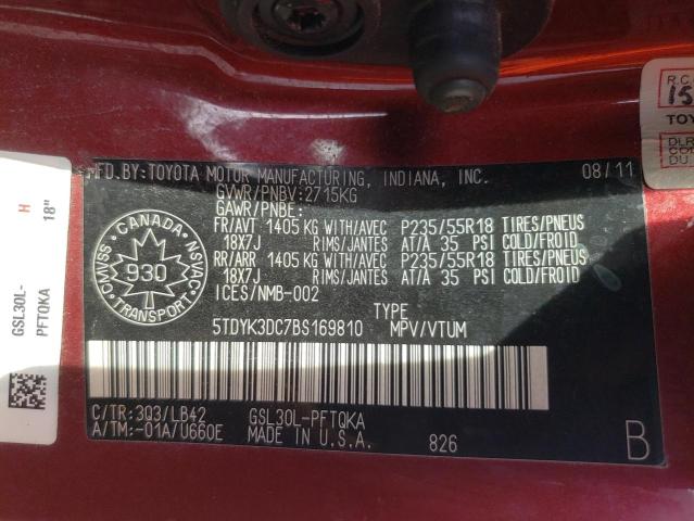 Photo 9 VIN: 5TDYK3DC7BS169810 - TOYOTA SIENNA XLE 