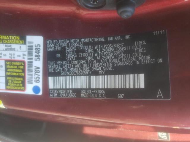 Photo 9 VIN: 5TDYK3DC7CS205917 - TOYOTA SIENNA XLE 