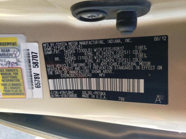 Photo 12 VIN: 5TDYK3DC7CS268340 - TOYOTA SIENNA XLE 