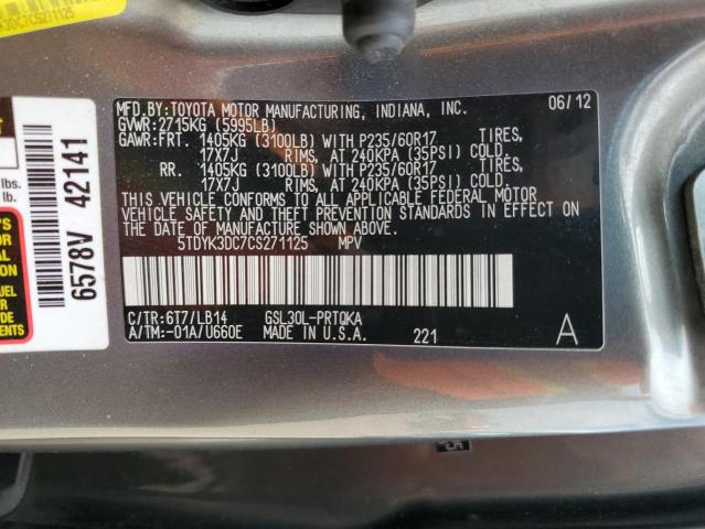 Photo 12 VIN: 5TDYK3DC7CS271125 - TOYOTA SIENNA XLE 