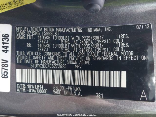 Photo 8 VIN: 5TDYK3DC7CS272825 - TOYOTA SIENNA 