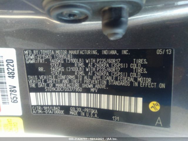 Photo 8 VIN: 5TDYK3DC7DS377950 - TOYOTA SIENNA 