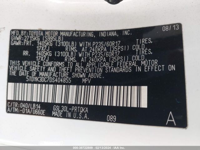 Photo 8 VIN: 5TDYK3DC7DS404855 - TOYOTA SIENNA 