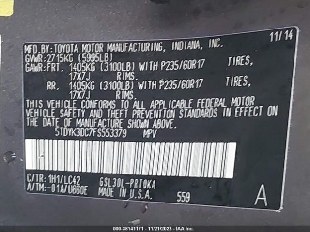 Photo 8 VIN: 5TDYK3DC7FS553379 - TOYOTA SIENNA 