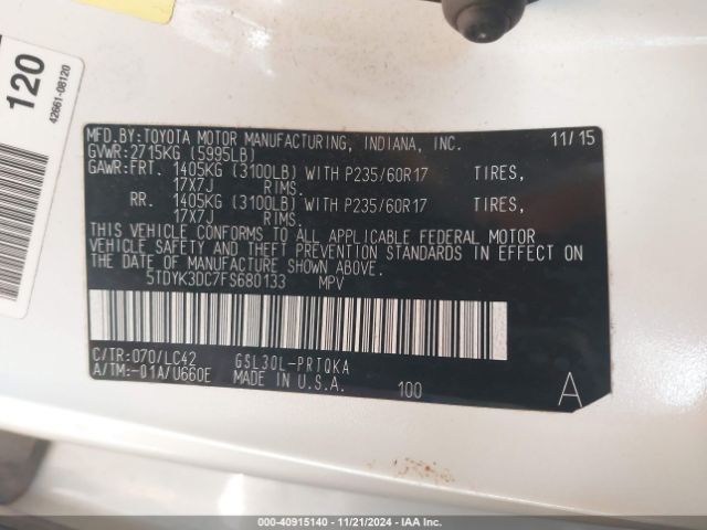 Photo 8 VIN: 5TDYK3DC7FS680133 - TOYOTA SIENNA 