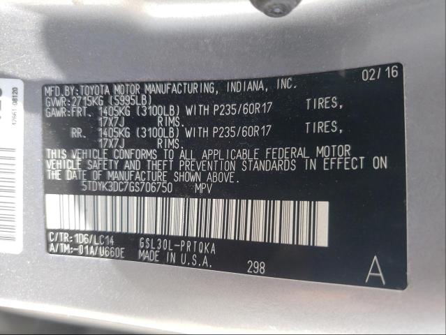 Photo 9 VIN: 5TDYK3DC7GS706750 - TOYOTA SIENNA XLE 