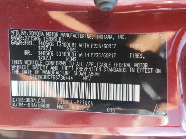 Photo 13 VIN: 5TDYK3DC7GS736444 - TOYOTA SIENNA XLE 