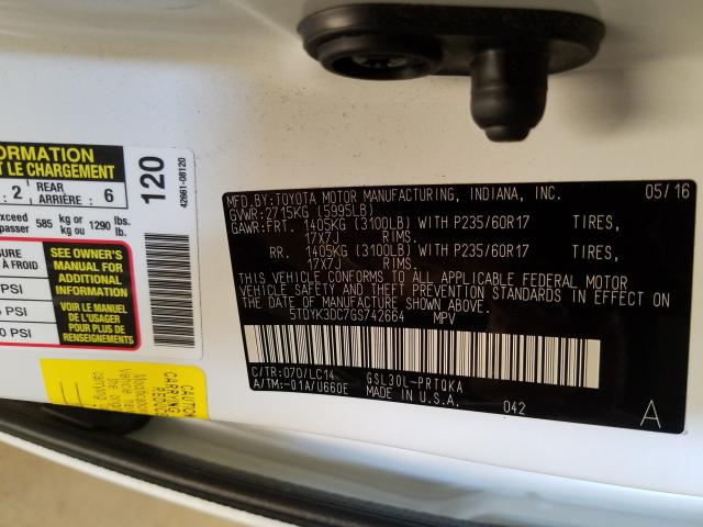 Photo 9 VIN: 5TDYK3DC7GS742664 - TOYOTA SIENNA XLE 