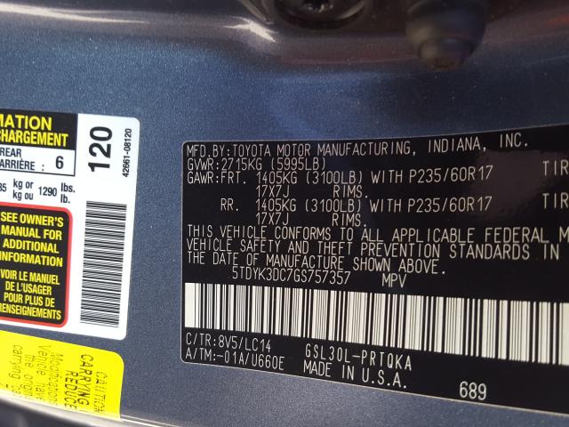 Photo 9 VIN: 5TDYK3DC7GS757357 - TOYOTA SIENNA 