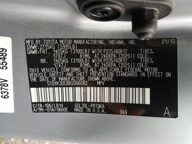 Photo 9 VIN: 5TDYK3DC8BS006082 - TOYOTA SIENNA XLE 