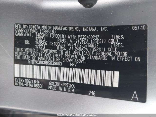 Photo 8 VIN: 5TDYK3DC8BS039003 - TOYOTA SIENNA 