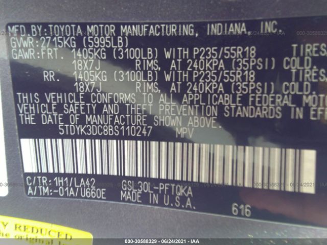 Photo 8 VIN: 5TDYK3DC8BS110247 - TOYOTA SIENNA 