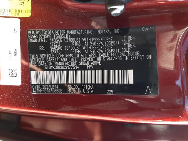 Photo 9 VIN: 5TDYK3DC8CS177514 - TOYOTA SIENNA XLE 