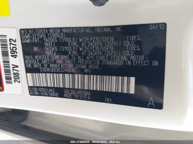 Photo 8 VIN: 5TDYK3DC8CS246640 - TOYOTA SIENNA 