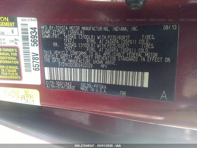 Photo 8 VIN: 5TDYK3DC8DS402029 - TOYOTA SIENNA 