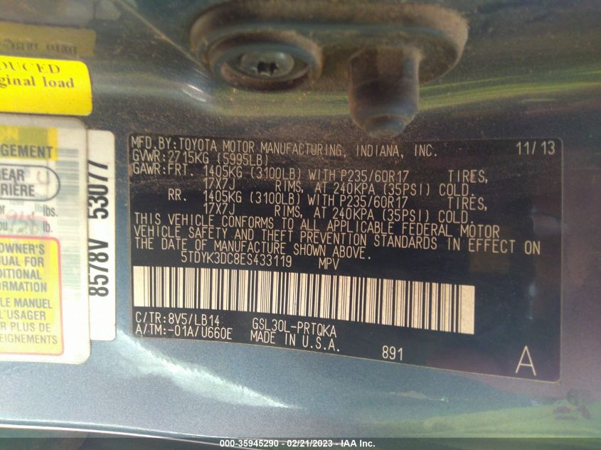 Photo 8 VIN: 5TDYK3DC8ES433119 - TOYOTA SIENNA 