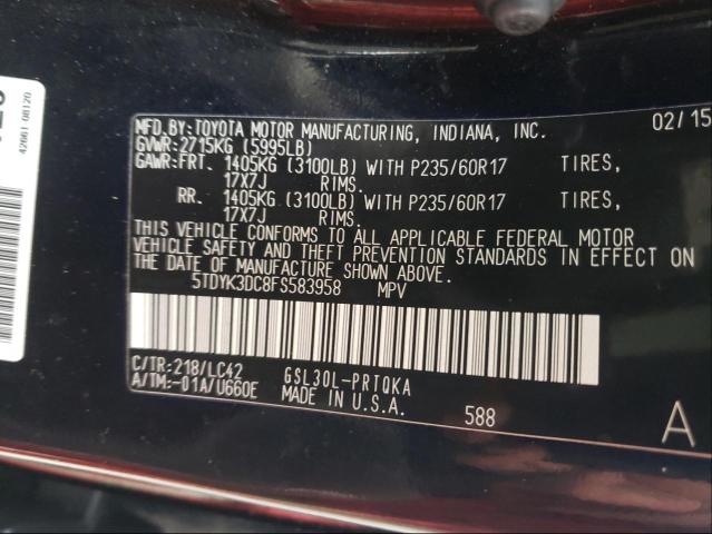 Photo 9 VIN: 5TDYK3DC8FS583958 - TOYOTA SIENNA XLE 