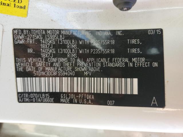 Photo 12 VIN: 5TDYK3DC8FS594040 - TOYOTA SIENNA XLE 