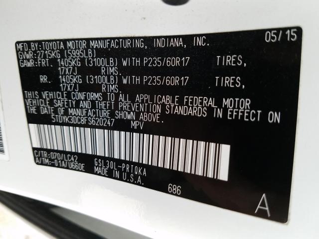 Photo 9 VIN: 5TDYK3DC8FS620247 - TOYOTA SIENNA XLE 