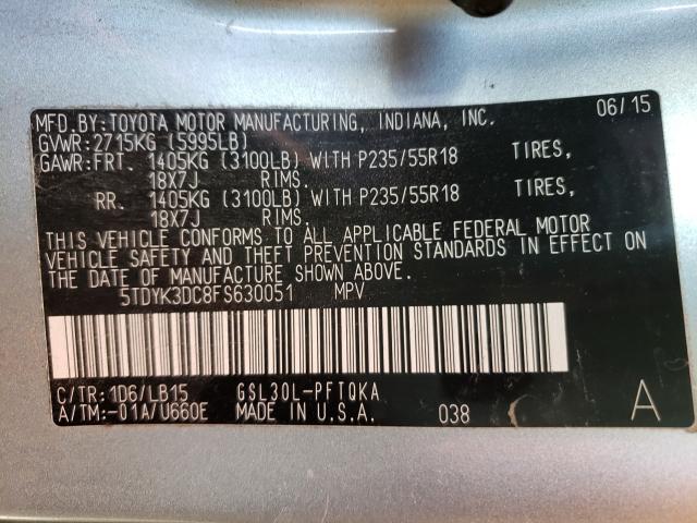 Photo 9 VIN: 5TDYK3DC8FS630051 - TOYOTA SIENNA XLE 