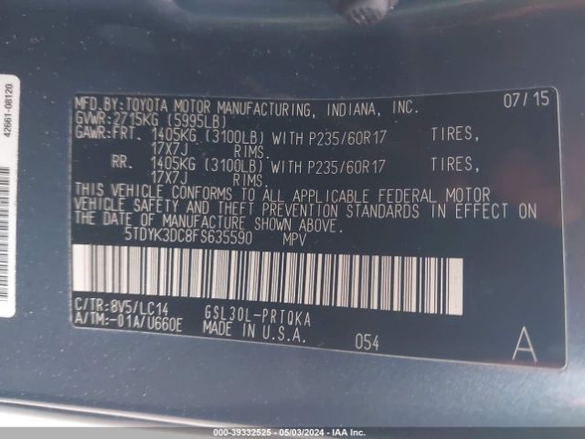 Photo 8 VIN: 5TDYK3DC8FS635590 - TOYOTA SIENNA 