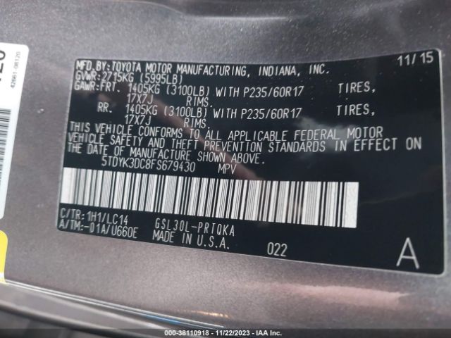 Photo 8 VIN: 5TDYK3DC8FS679430 - TOYOTA SIENNA 