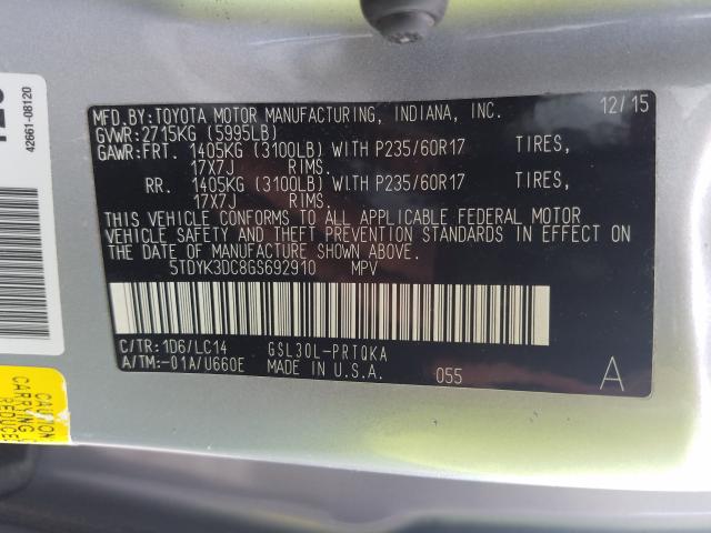 Photo 9 VIN: 5TDYK3DC8GS692910 - TOYOTA SIENNA XLE 