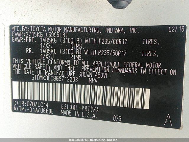 Photo 8 VIN: 5TDYK3DC8GS712203 - TOYOTA SIENNA 