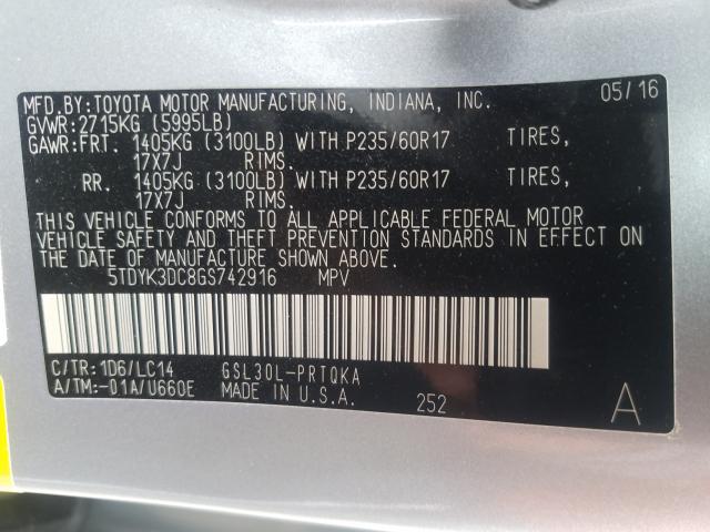 Photo 9 VIN: 5TDYK3DC8GS742916 - TOYOTA SIENNA XLE 